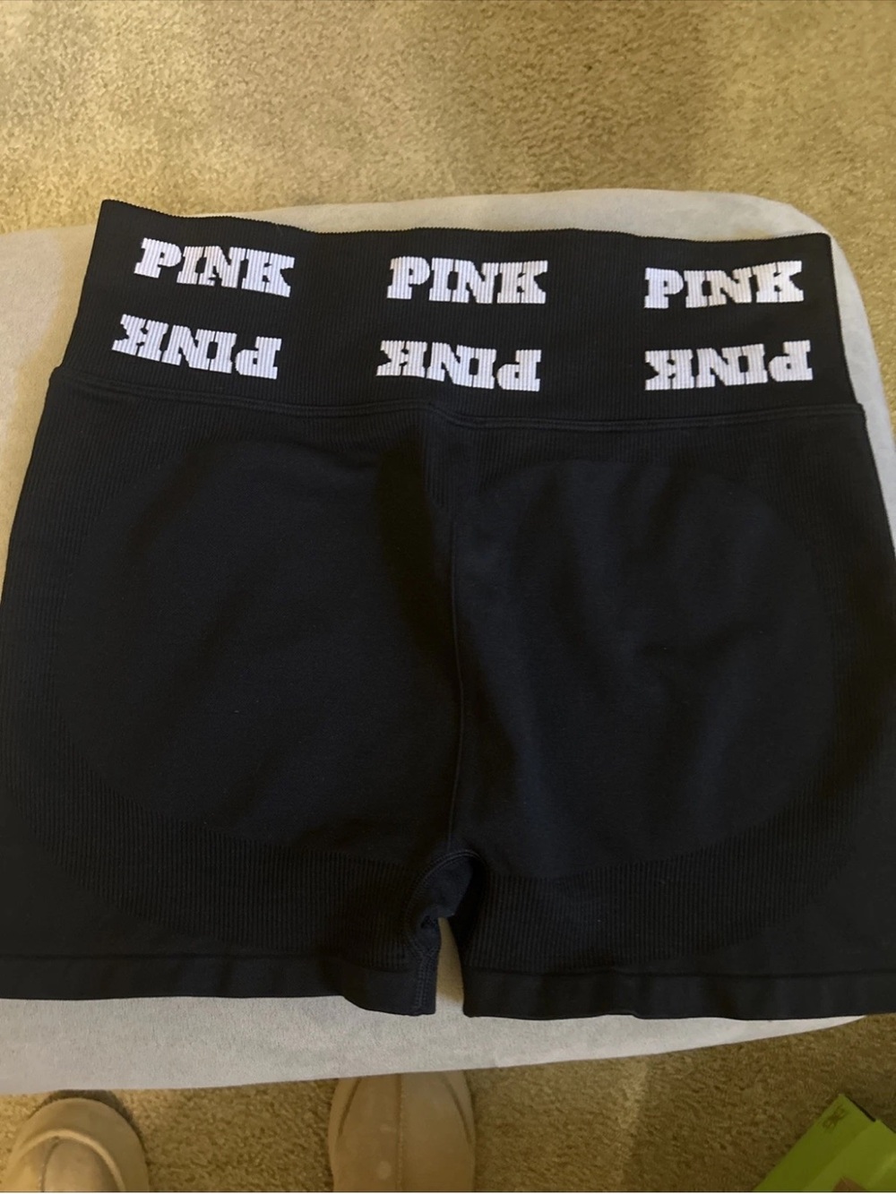 PINK Victoria's Secret Black Yoga, Bike Shorts with White Logo Waistband Sz L